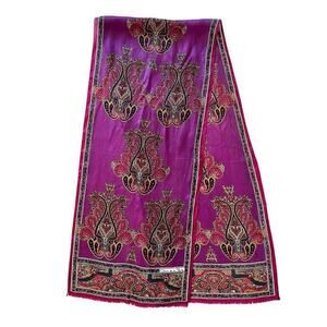 Vintage Oscar de la Renta Paisley Jewel-Tone Printed Silk Long Fringe Scarf